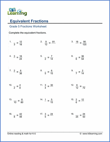 Grade 5 Fractions Worksheets: Equivalent fractions | Worsheets library
