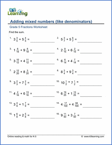 Grade 5 Fractions worksheet: Adding mixed numbers (like ...
