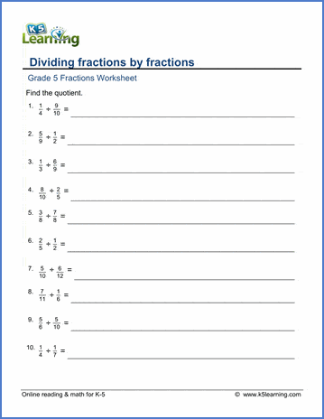 Grade 5 Math Worksheets: Dividing fractions by fractions | Worsheets library