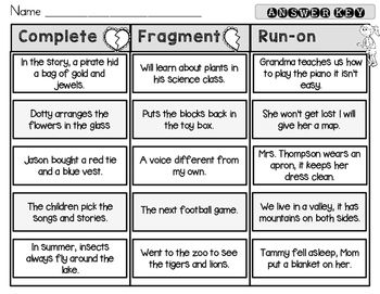 fragment and run on sentence worksheet