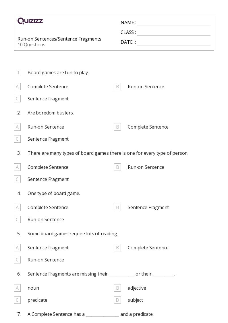 fragment and run on sentence worksheet