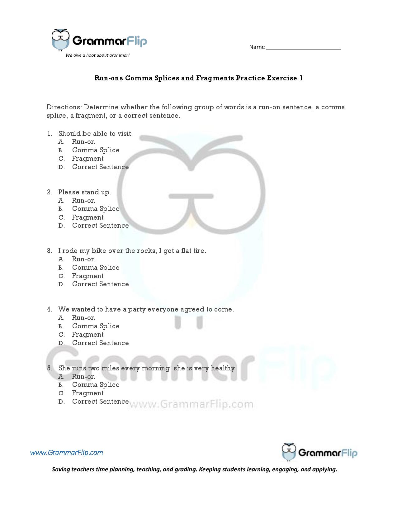 fragment and run on sentences worksheet