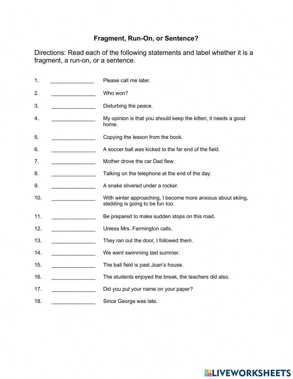 Fragment, Run-On, or Sentence worksheet  