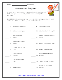 Sentence Fragment Worksheets