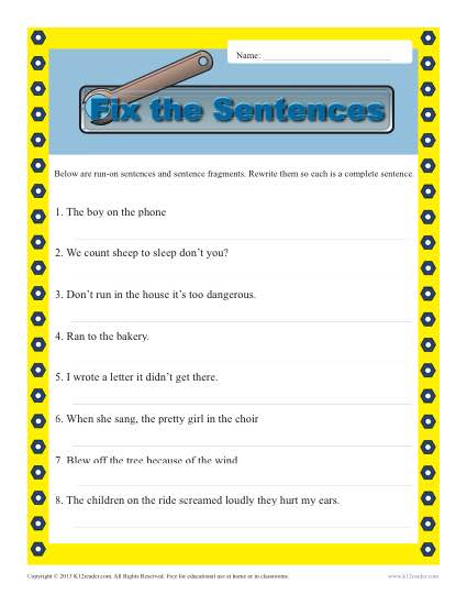fragment sentence worksheet