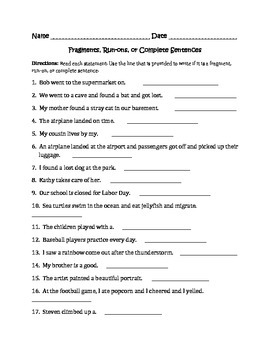 fragments and run on sentences worksheet