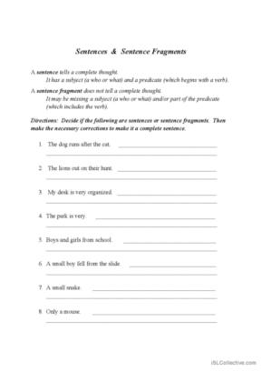 7 Fragments English ESL worksheets pdf &  doc