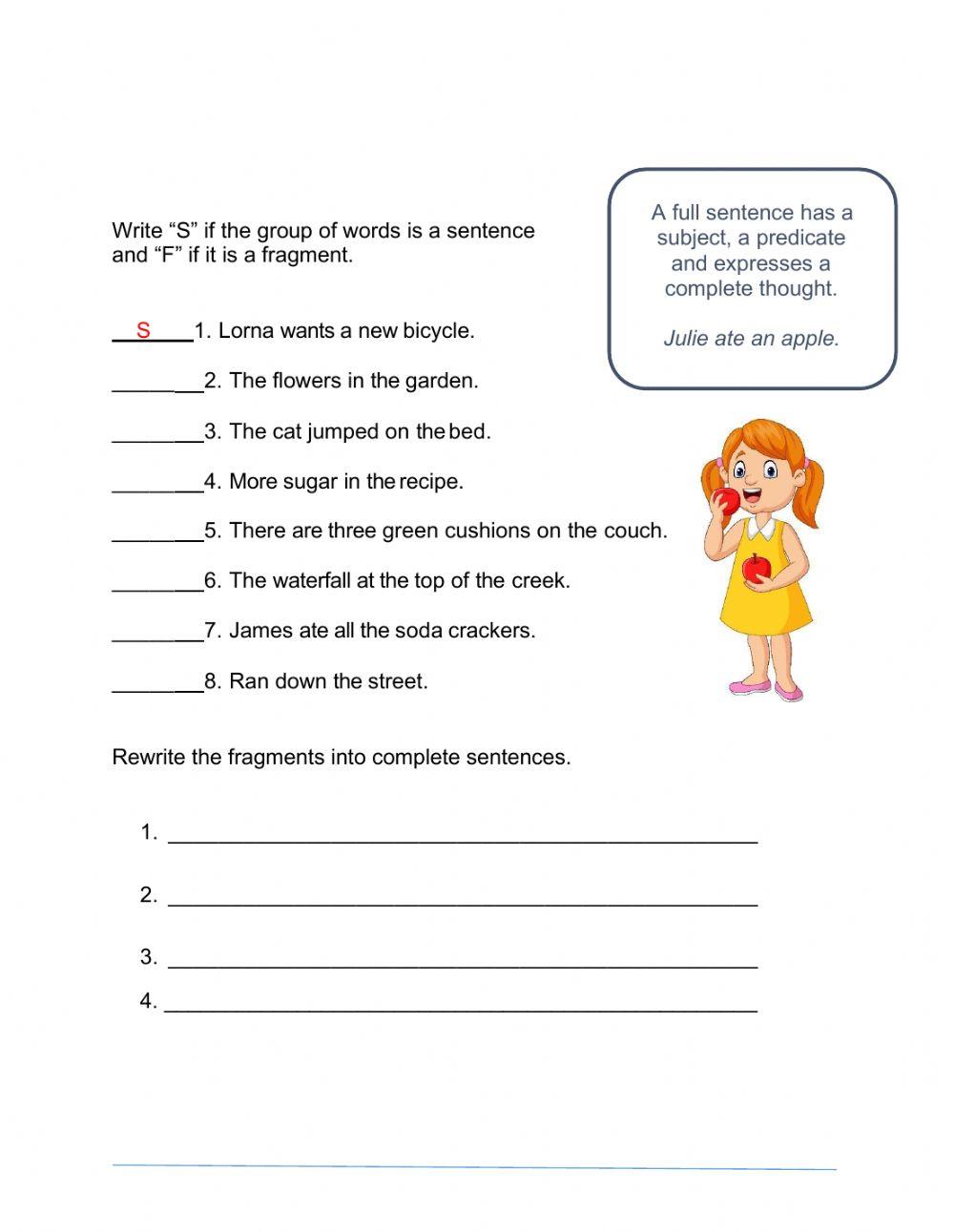Sentence Fragment worksheet  