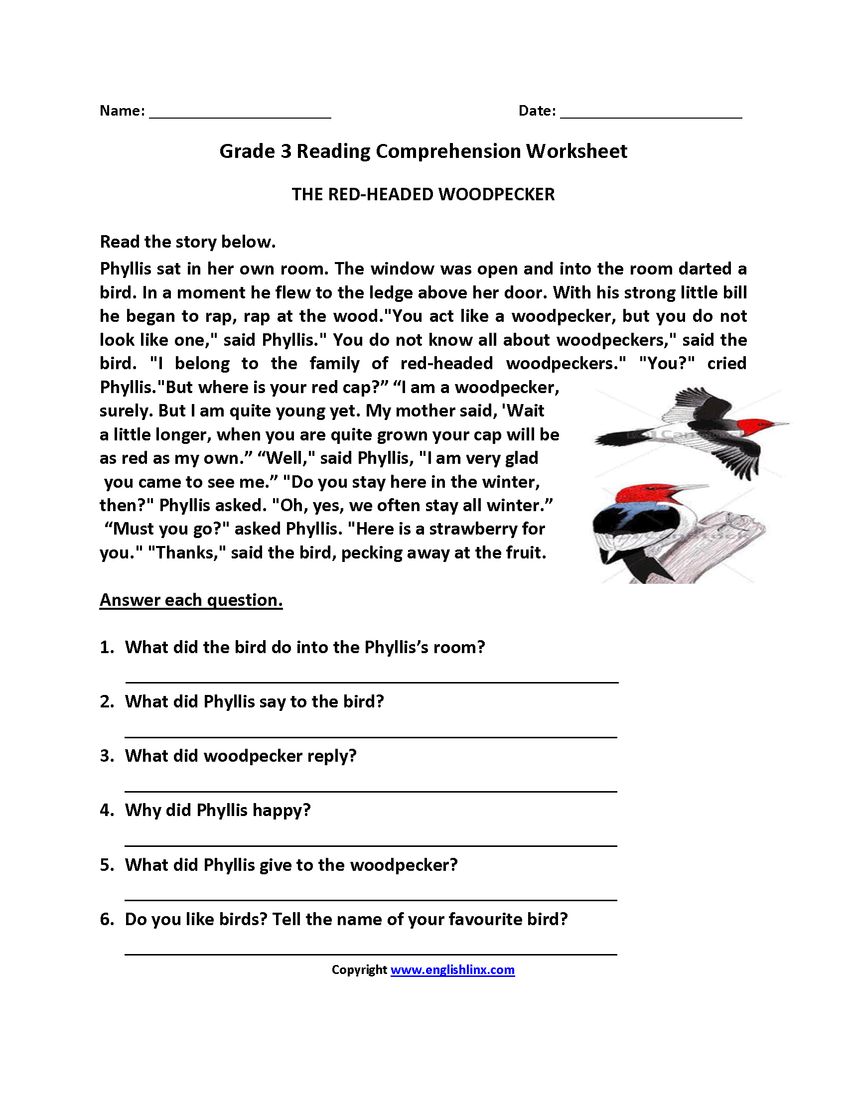 free 3rd grade reading comprehension worksheet