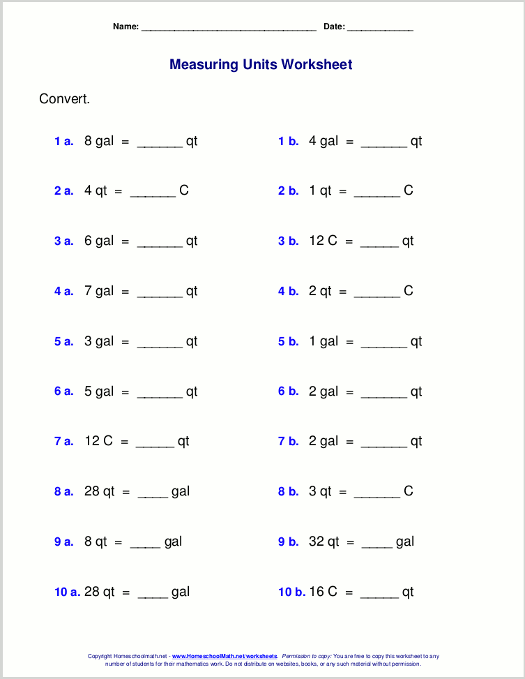 Free grade 4 measuring worksheets