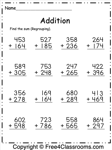 Free Addition Worksheet - Regrouping - Free Worksheets ...