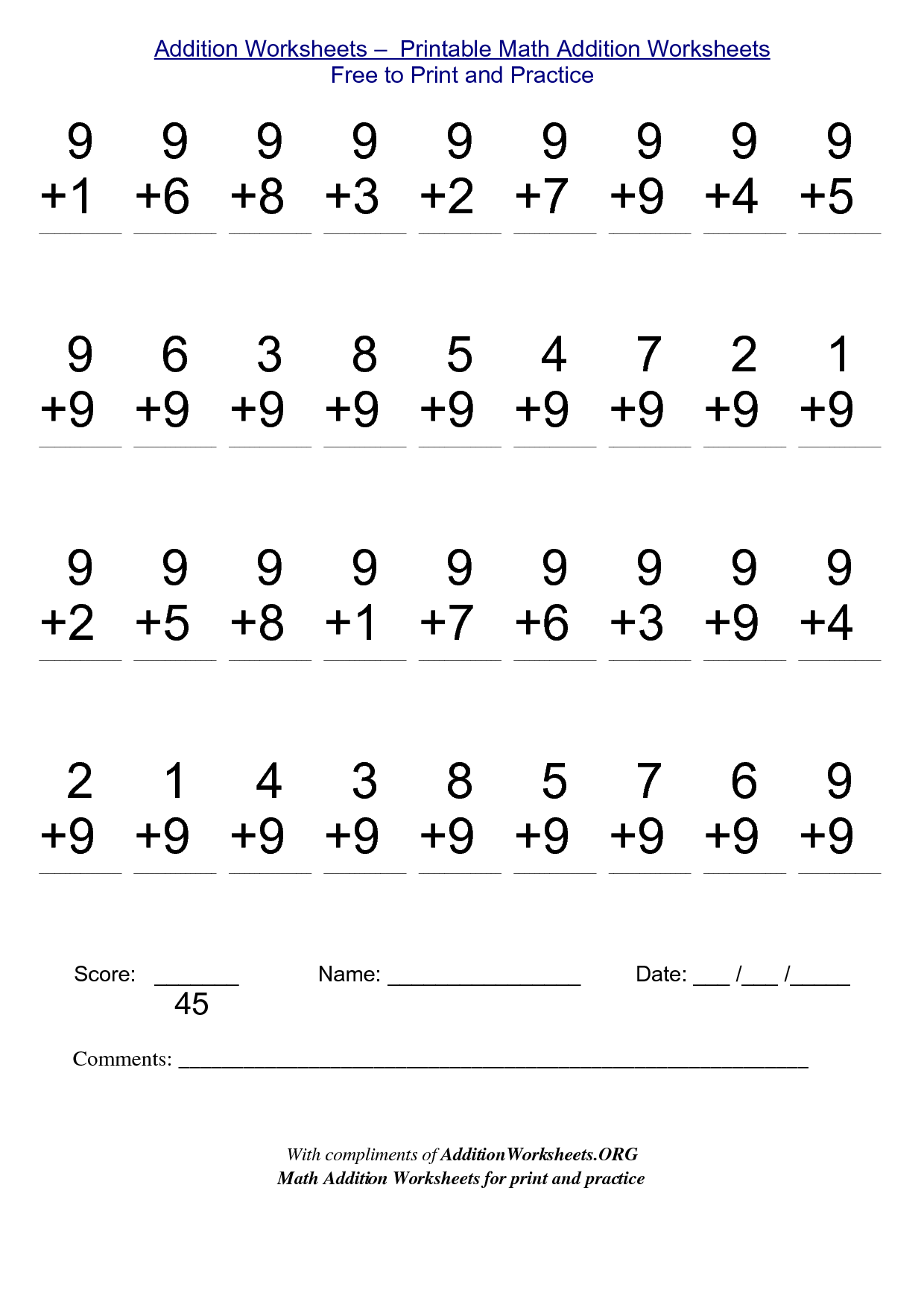 free addition printouts