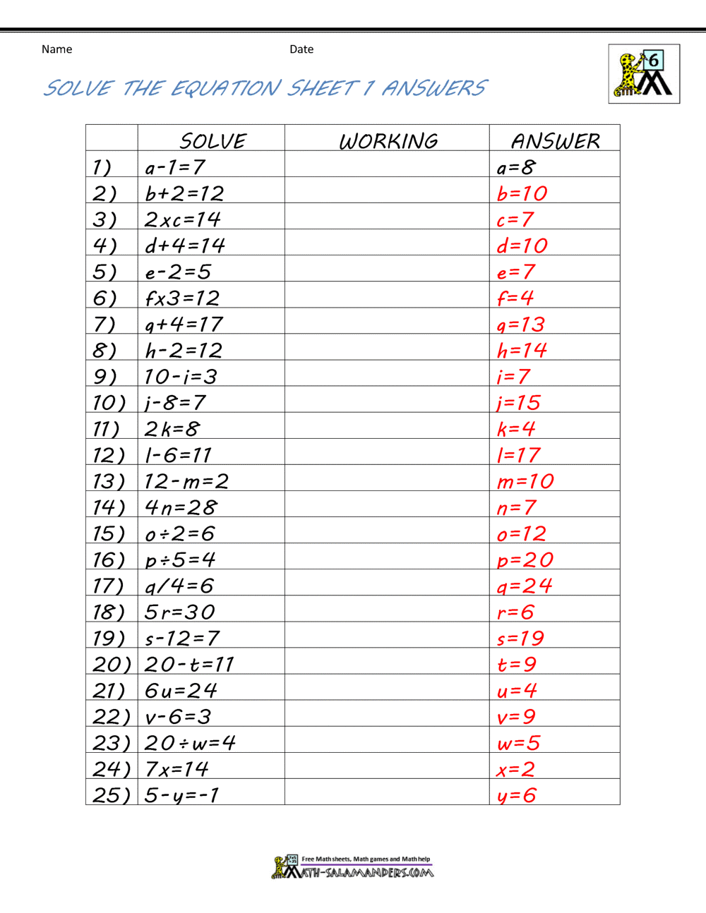 free algebra 1 worksheet