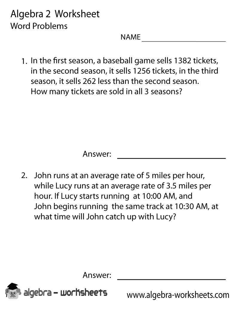 free algebra 2 worksheet with answer key