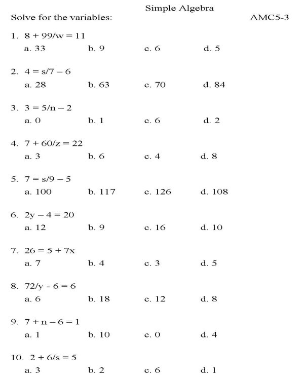 BlueBonkers - Algebra - Multiple Choice - P3 : free printable math ...