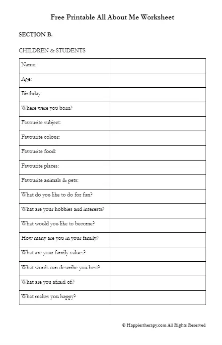 Free Printable All About Me Worksheet | HappierTHERAPY