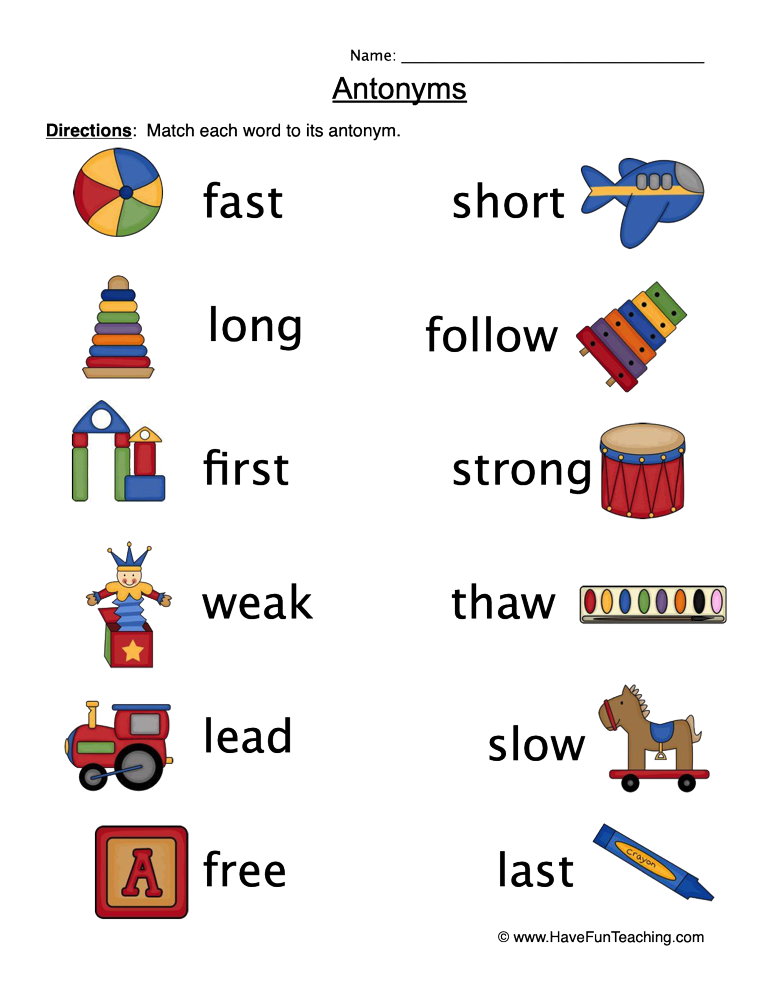 Antonyms Matching Pictures Worksheet  