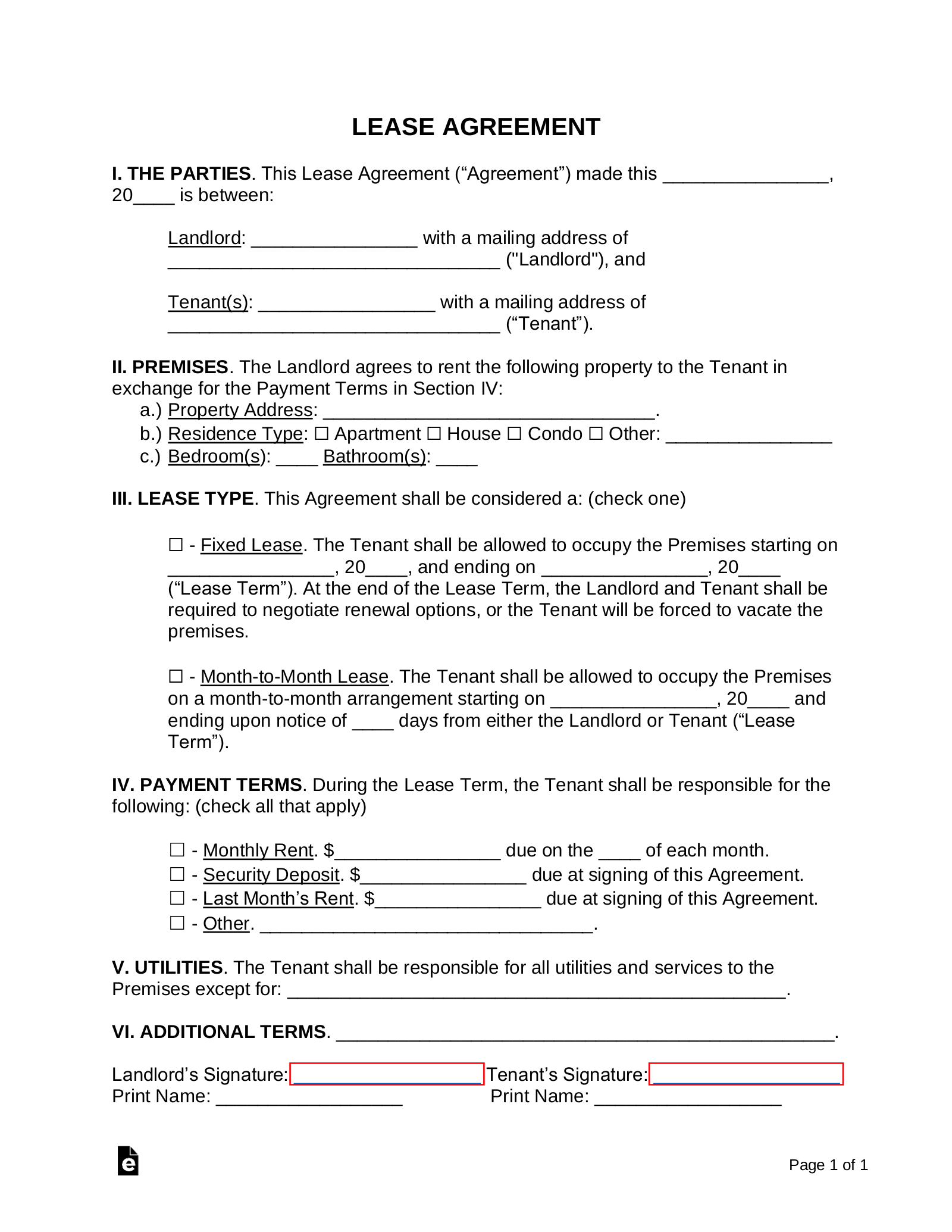 Free Simple 1-Page Lease Agreement Template | Sample - PDF | Word ...