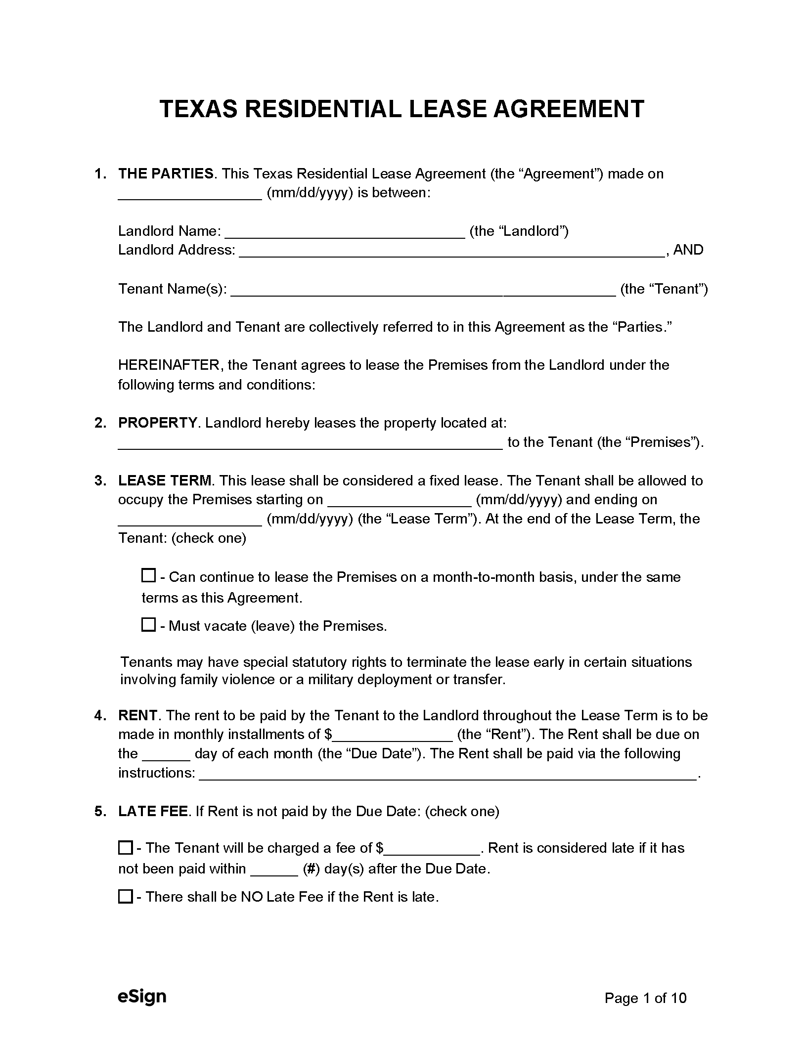 Free Texas Standard Residential Lease Agreement | PDF