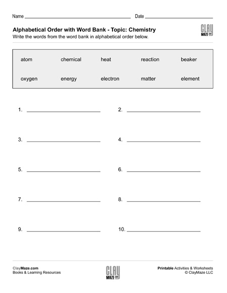 Alphabetical Order with Word Bank - Topic: Chemistry | Homeschool ...