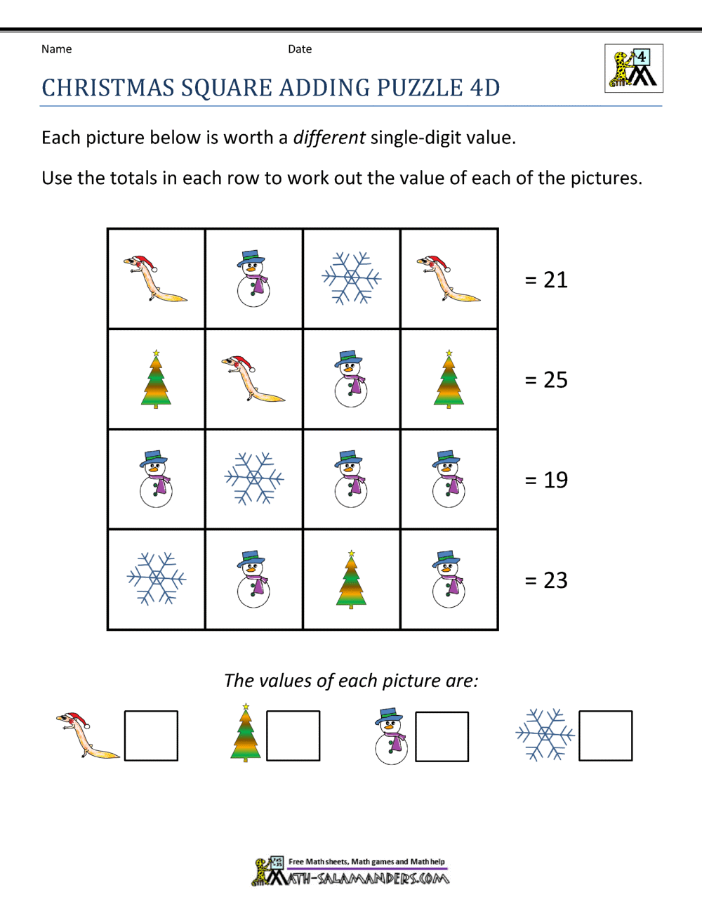 free christmas math worksheet 4th grade