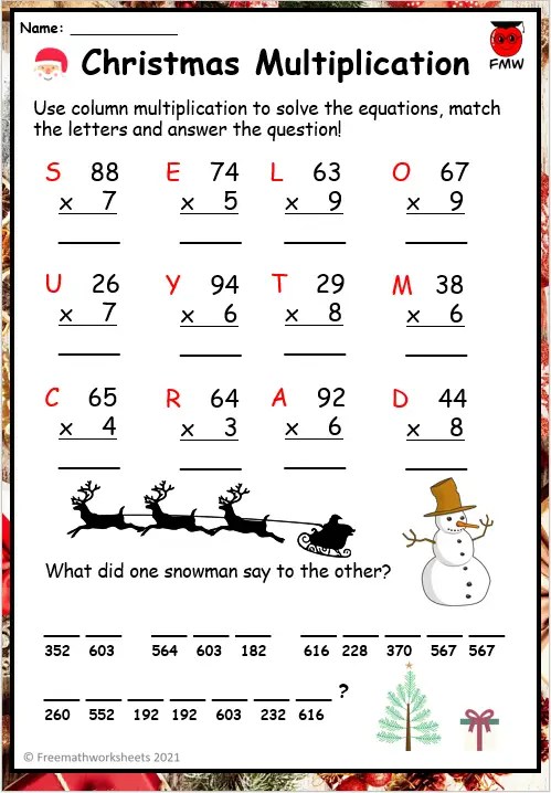 free christmas math worksheet 4th grade