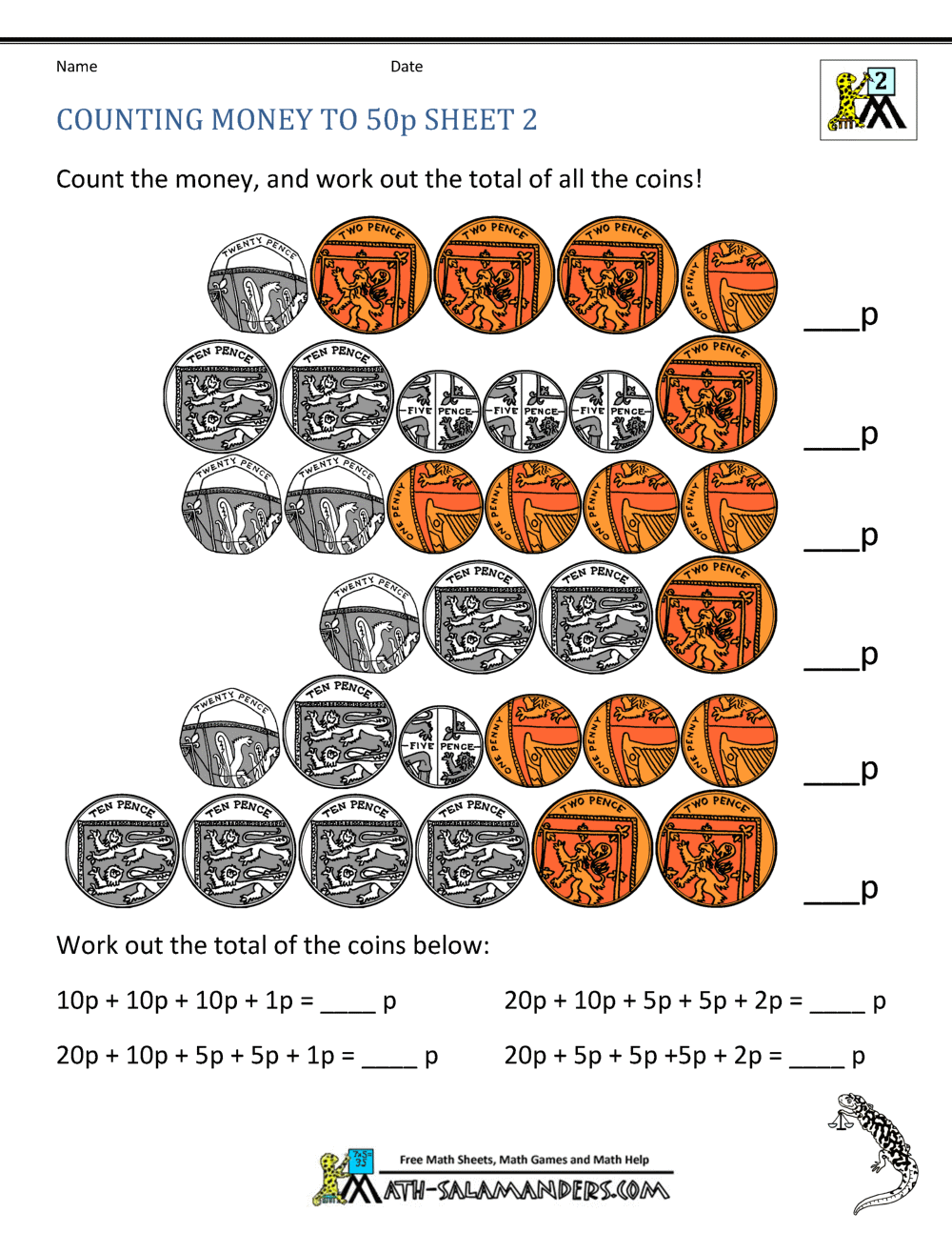 free coin worksheet