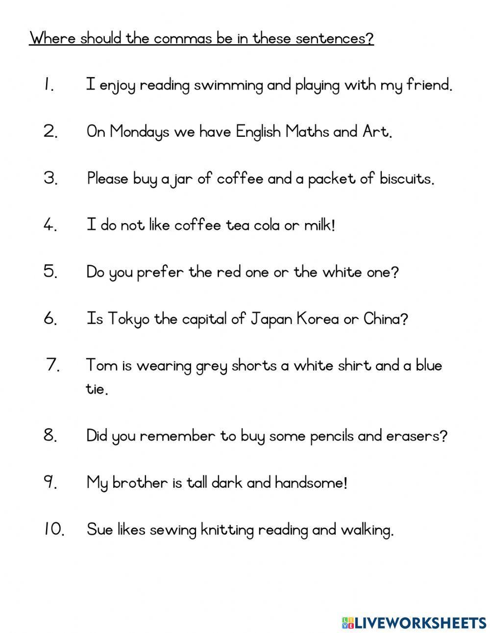 Using Commas interactive worksheet  
