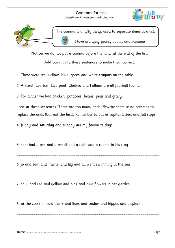 Commas for lists - Sentences and Punctuation by URBrainy.com