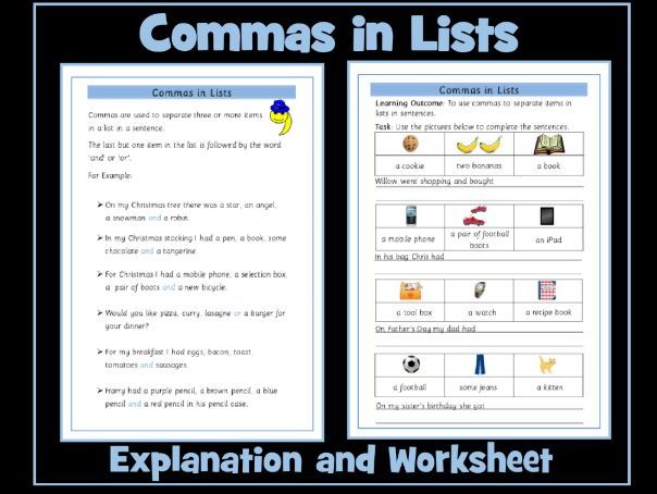 Commas in Lists Worksheet  