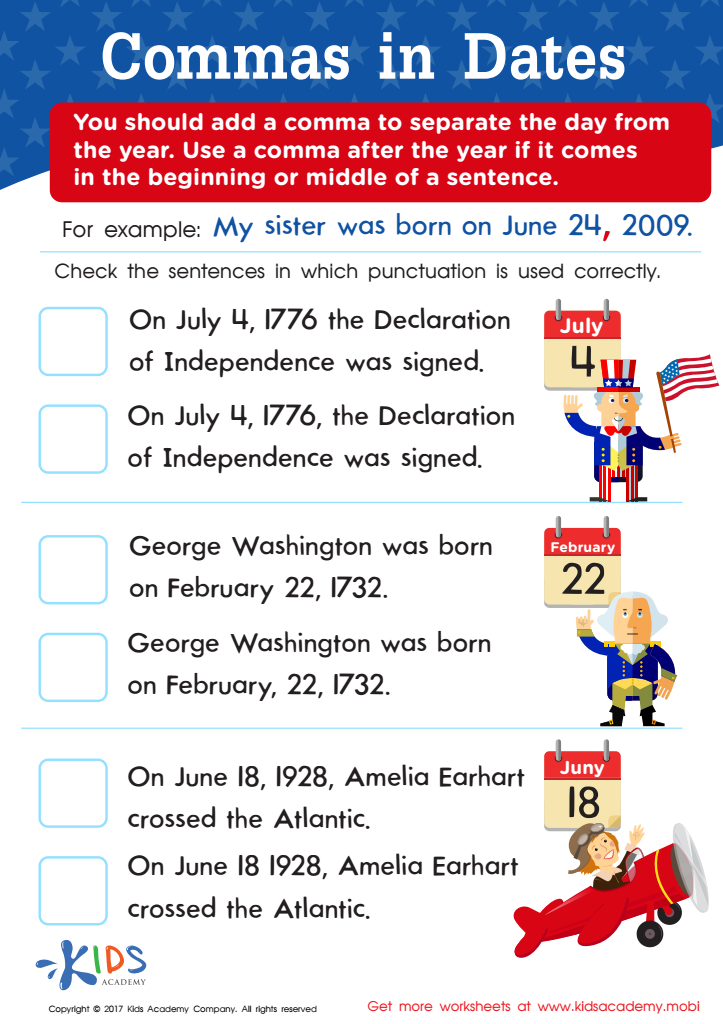 Commas in Dates Worksheet: Free Printable PDF for Kids