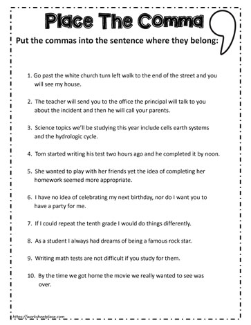 free comma worksheet