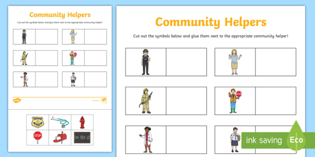 Community Helpers Symbol Sorting Cut and Glue Worksheet