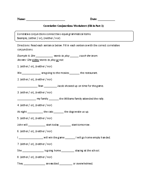 worksheets library | Conjunctions Worksheets