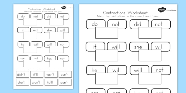 Contractions Worksheet (teacher made) - Twinkl