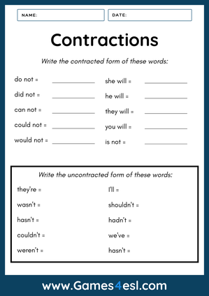 free contractions worksheet