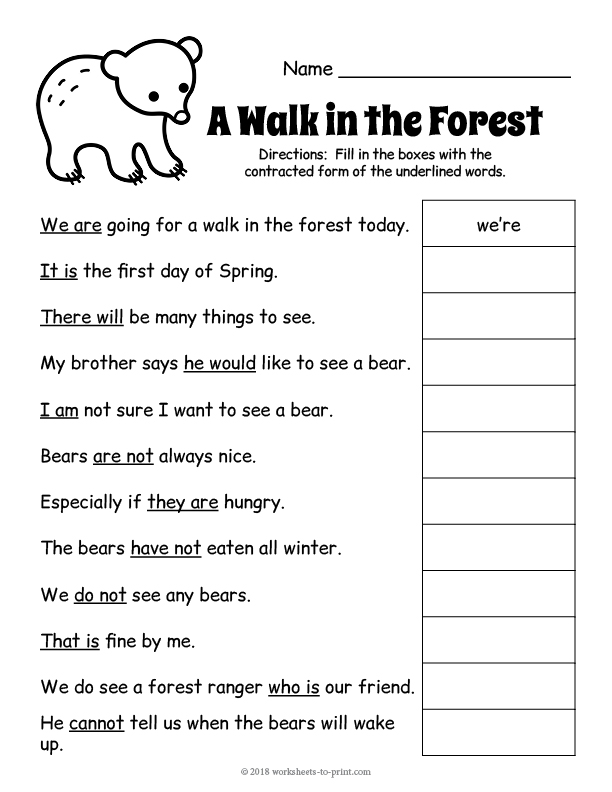 free contractions worksheet