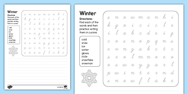 Winter Cursive Search and Write Activity (teacher made)