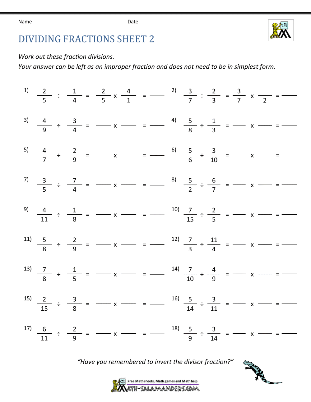 free dividing fractions worksheet