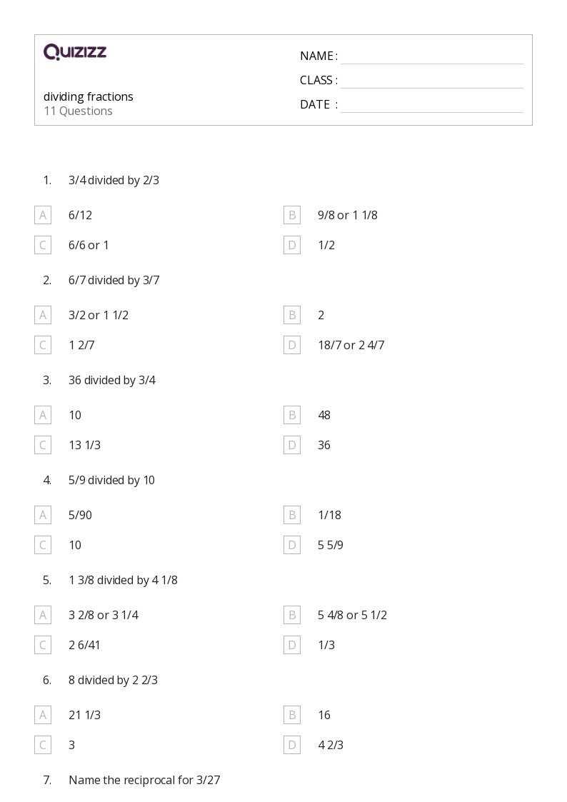 50+ Dividing Fractions worksheets on Quizizz | Free &  Printable