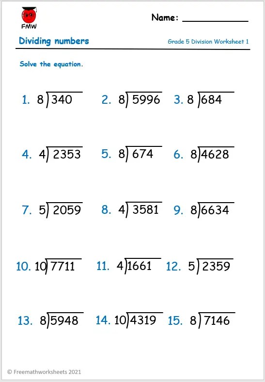 free division worksheet 5th grade