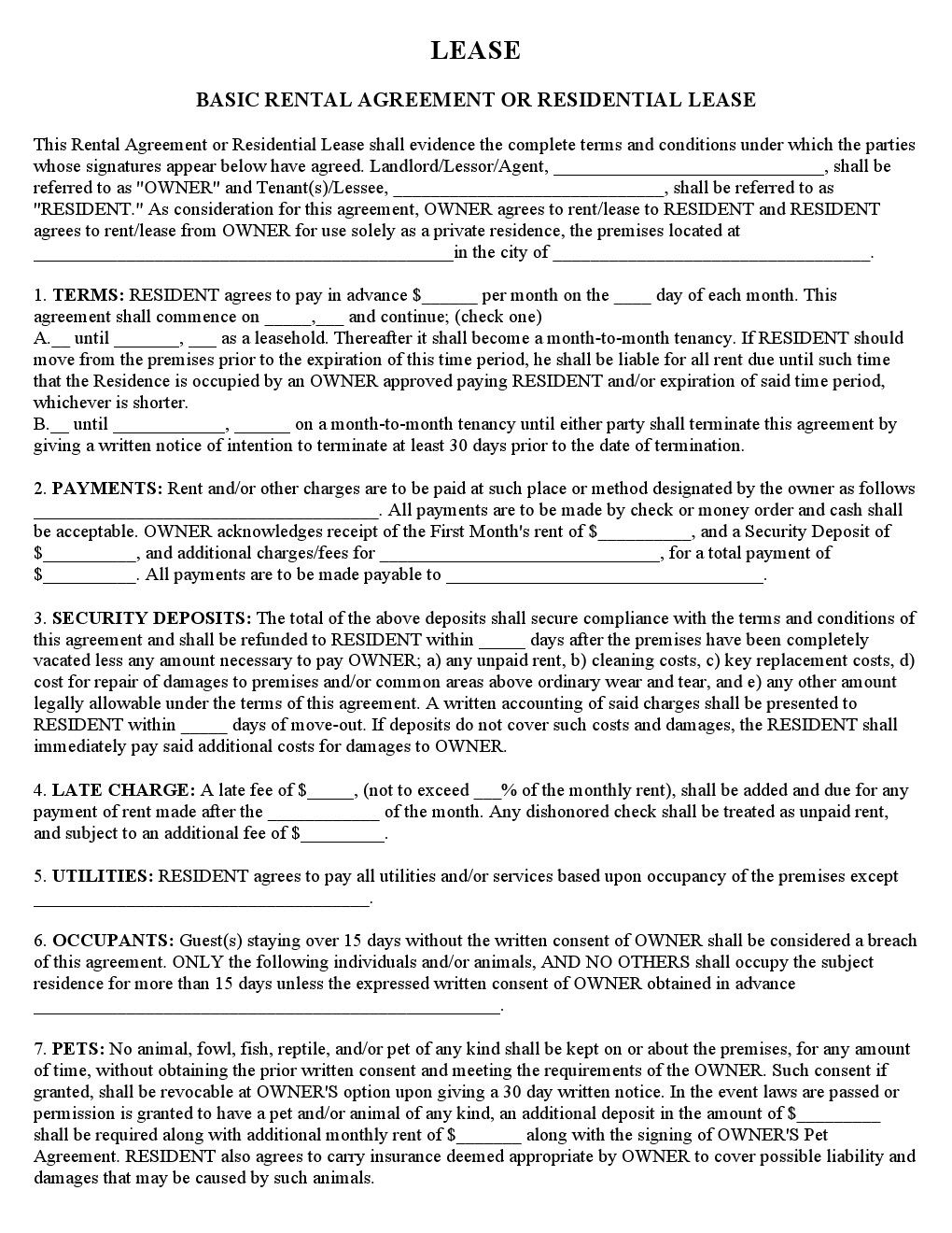 free editable printable lease agreement