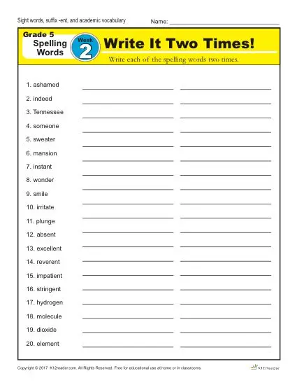 Fifth Grade Spelling Words List - Week 2 | K12Reader