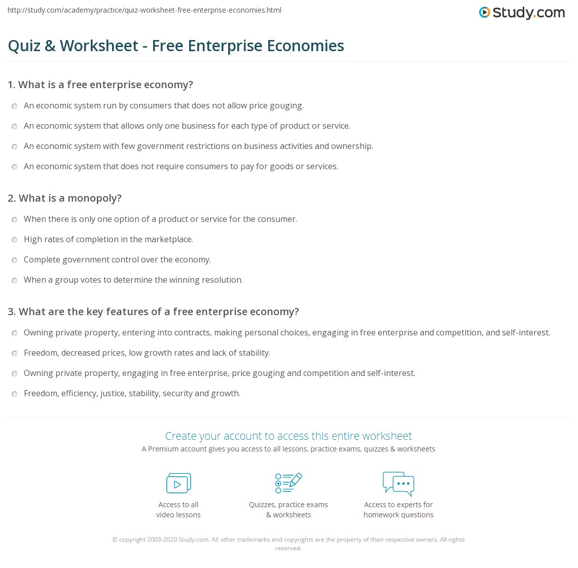 Quiz &  Worksheet - Free Enterprise Economies | Study.com
