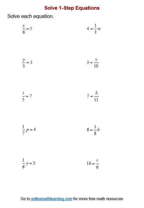 1-Step Equation Multiply &  Divide Worksheets (printable, online ...