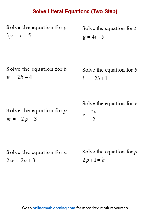 Literal Equation Worksheets (printable, online, answers, examples)
