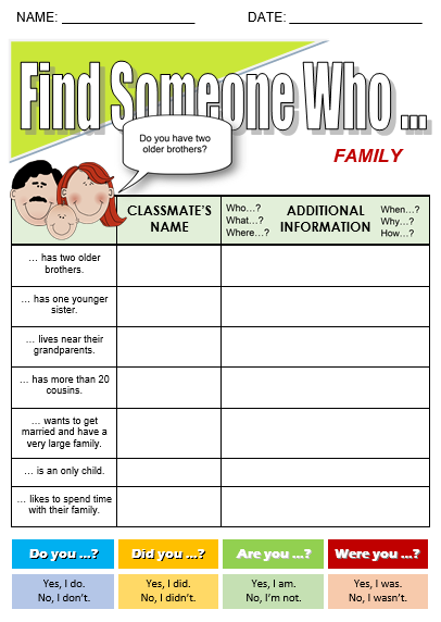 free esl family worksheet