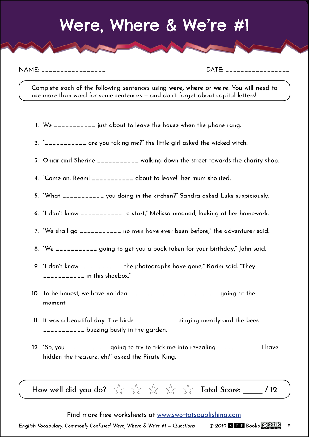 Were Where and Were English Worksheet 01 — STP Books
