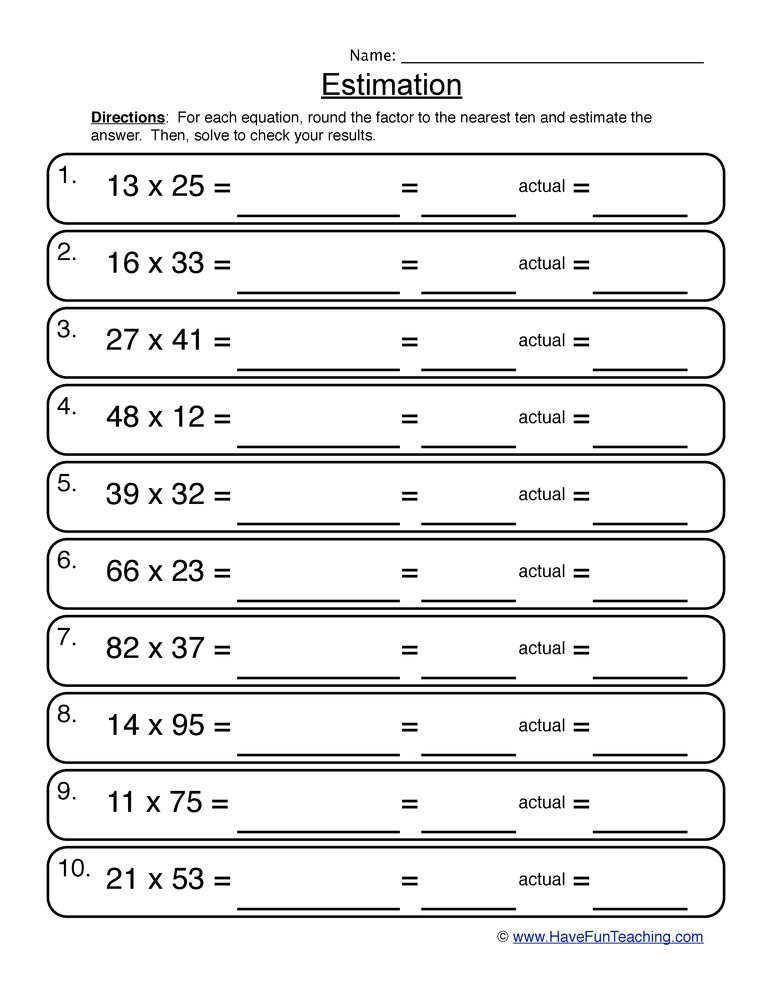 Multiplication Estimation Worksheet  