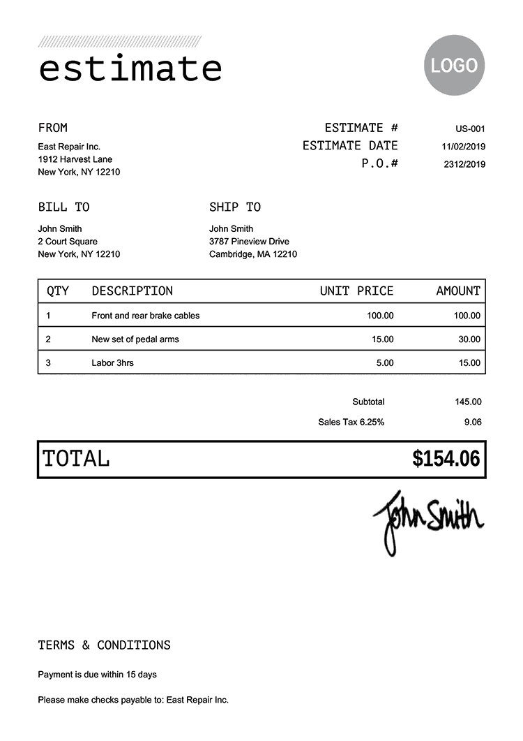 Free Estimate Templates | 100 Styles | Print &  Download PDF